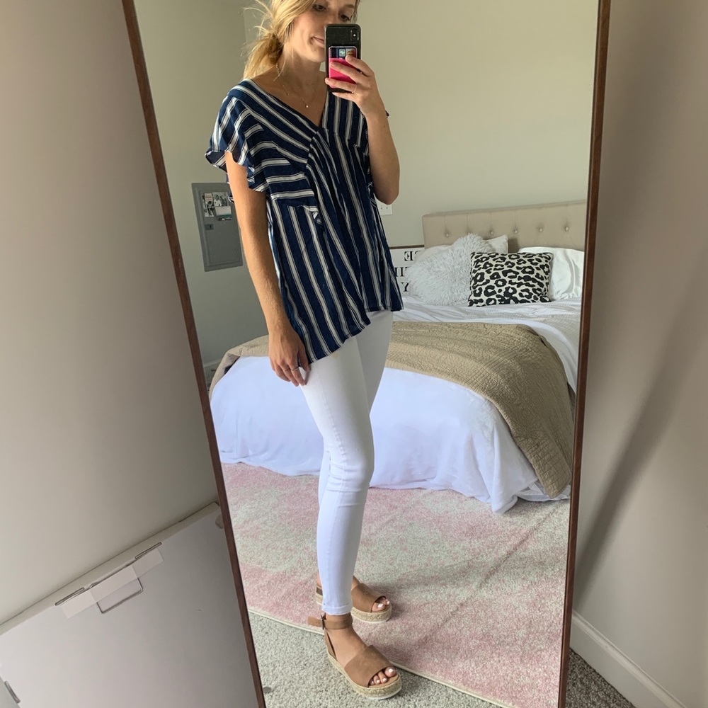 Blue and white striped blouse